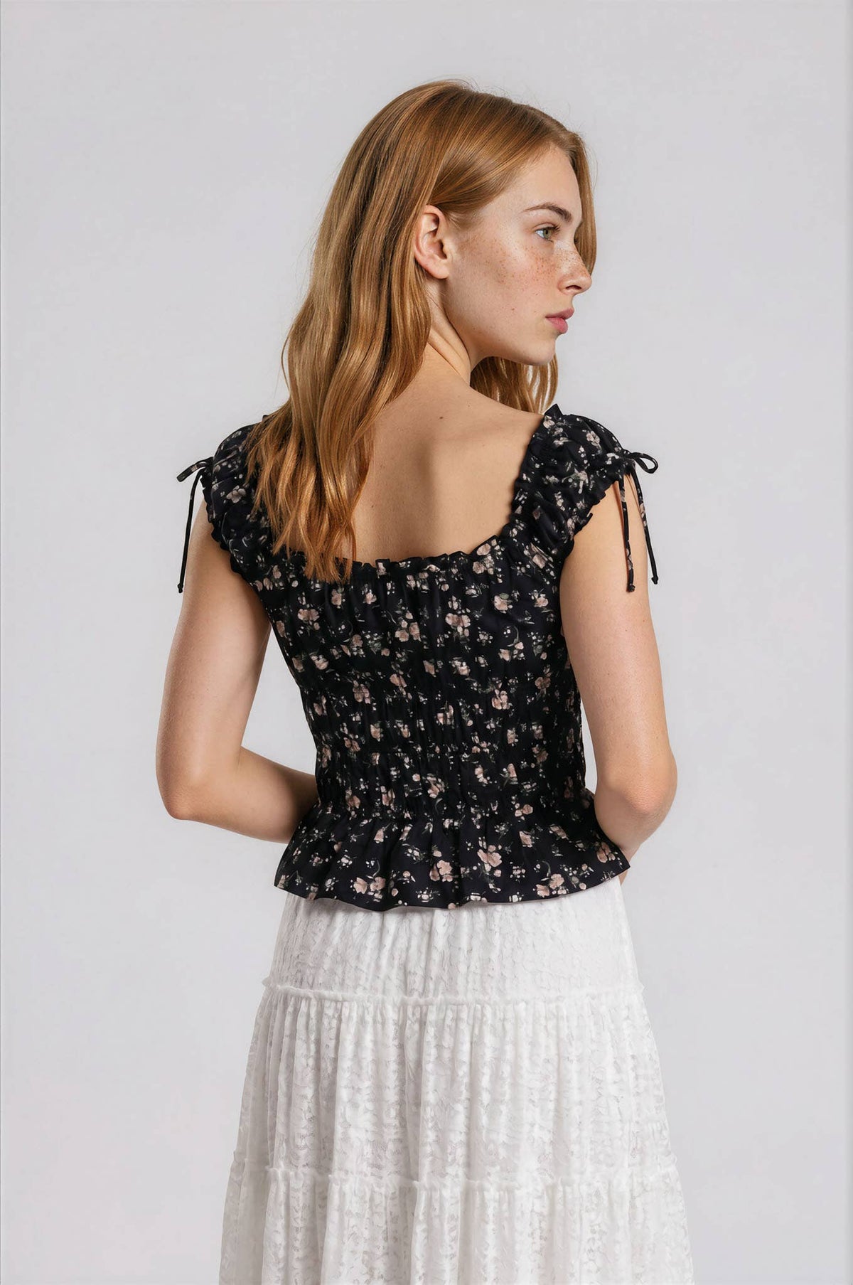 Blu Pepper Floral Front Tie Shirred Waist Ruffled Top