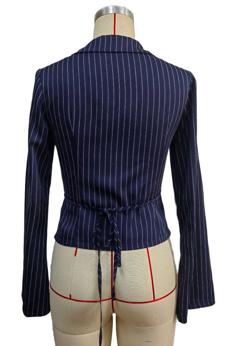 Soli Echo Striped Wrap V-Neck Tie Waist Blouse