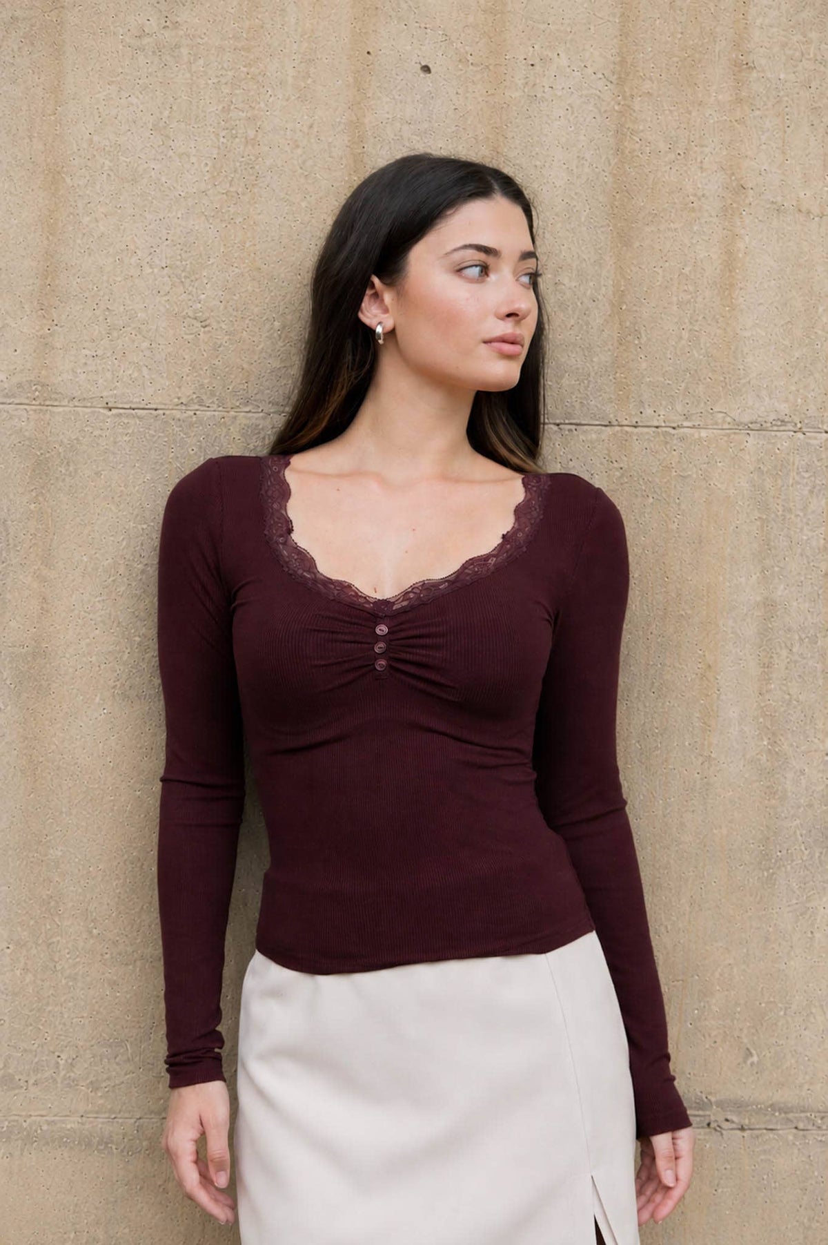 The Workshop Studio Lace Trim Button Detail Long Sleeve Knit Top