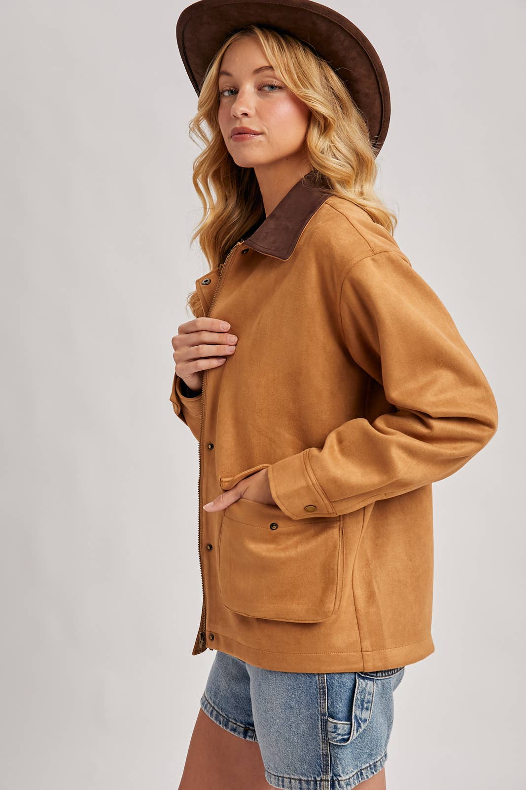 Peace Love Line Women's Faux Suede Button-Down Jacket (PL9022) – Camel