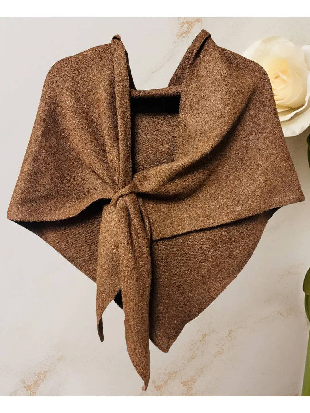 JC Sunny Fashion JC063345 Cashmere-Blend Knit Triangle Shawl with Cross-Front Design – Wine Red