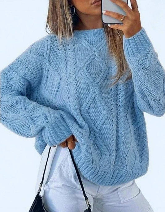 Round-neck crochet cable knit sweater – Pink