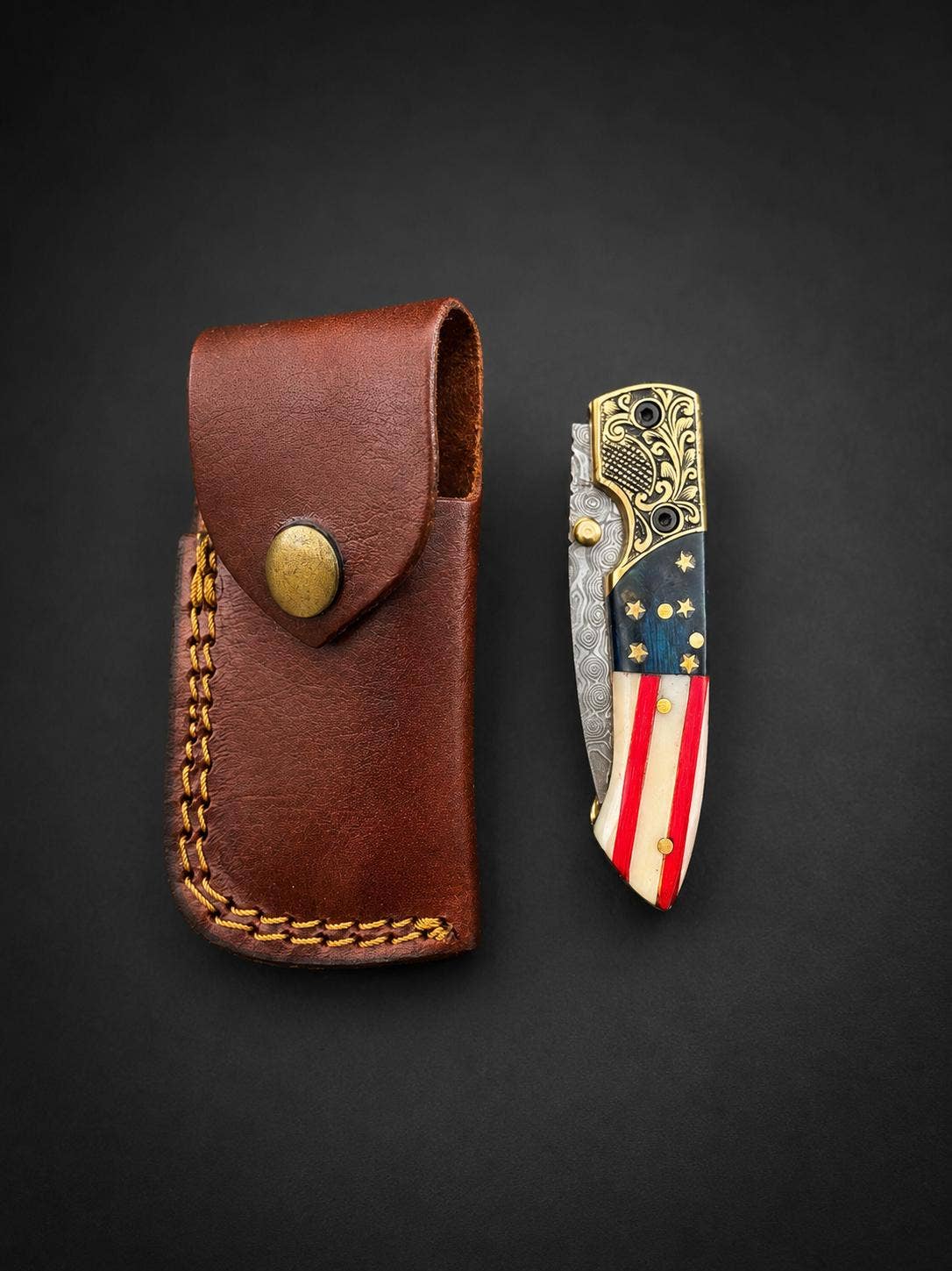 Titan International Premium Damascus Steel Folding Pocket Knife – Patriotic Edition with Leather Sheath TF-102