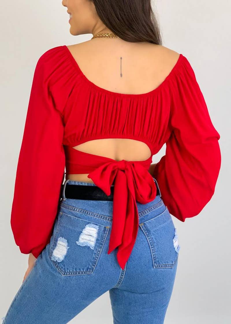 Crop Top Balloon Sleeve Straight-Neck Shirt – White
