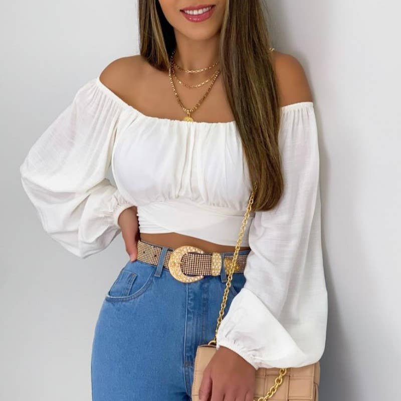 Crop Top Balloon Sleeve Straight-Neck Shirt – White