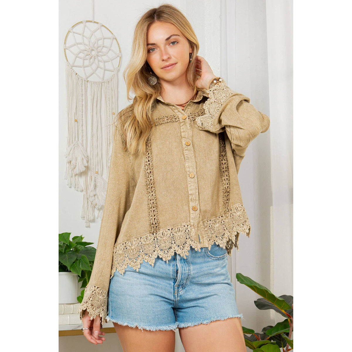 Young Threads Artisan Boho Lace Trim Button-Front Blouse Top – Khaki Green