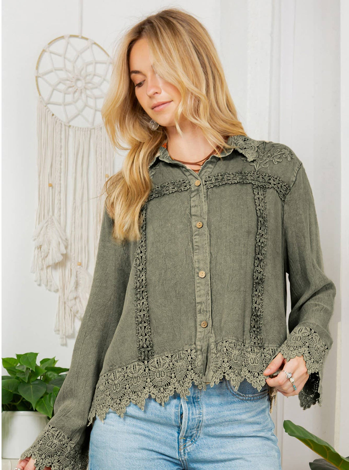 Young Threads Artisan Boho Lace Trim Button-Front Blouse Top – Khaki Green