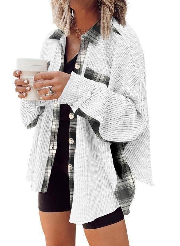Sweet Kama Women's Plaid Waffle Button-Down Shirt – Apricot
