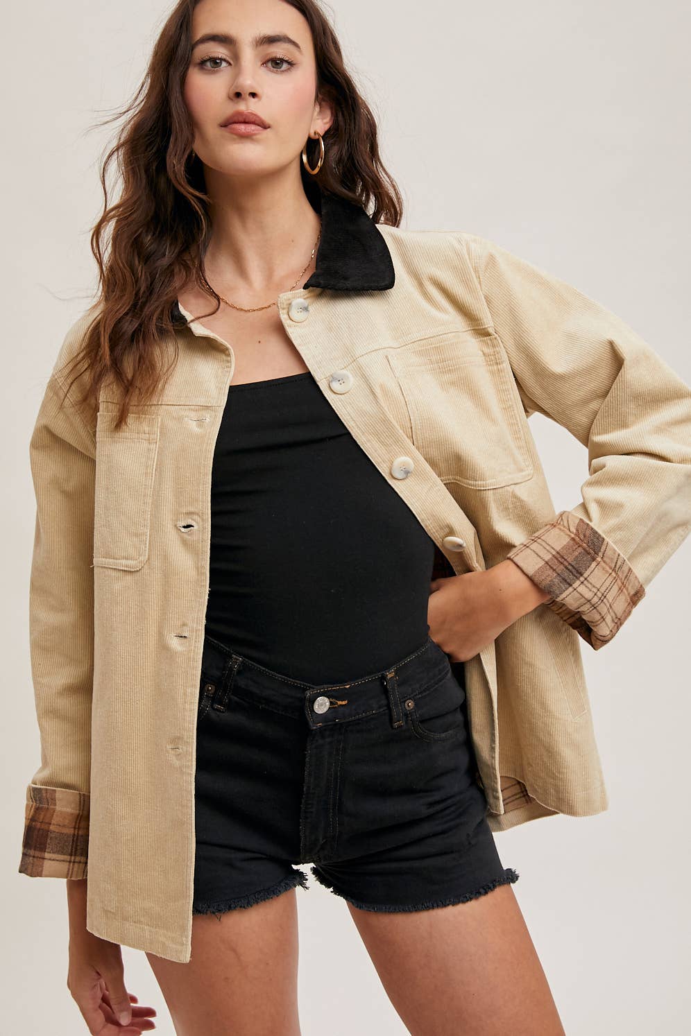 Peace Love Line Women's Corduroy Barn Coat with Plaid Lining (PL4686) – Black