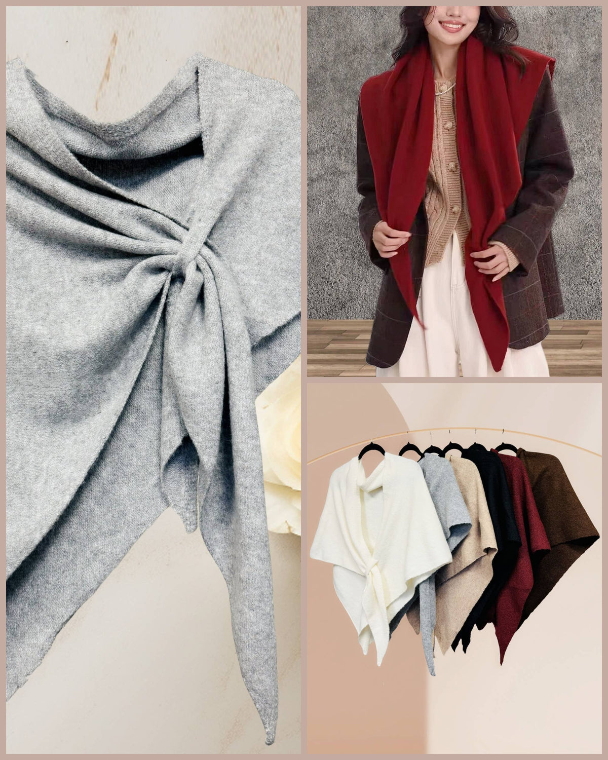 JC Sunny Fashion JC063345 Cashmere-Blend Knit Triangle Shawl with Cross-Front Design – Wine Red