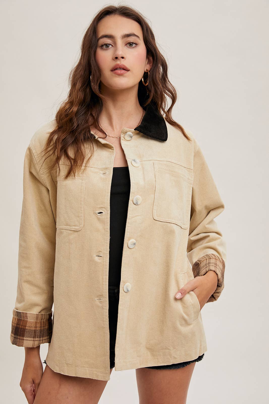 Peace Love Line Women's Corduroy Barn Coat with Plaid Lining (PL4686) – Black