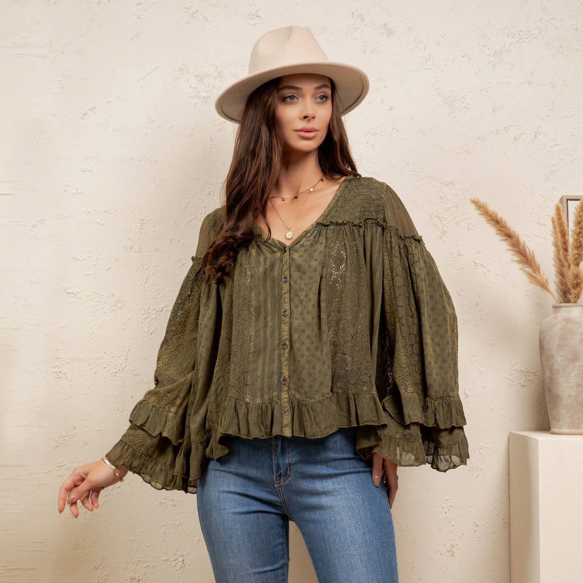 Young Threads Dreamy Sheer V-Neck Ruffled Button-Front Top – Gravel