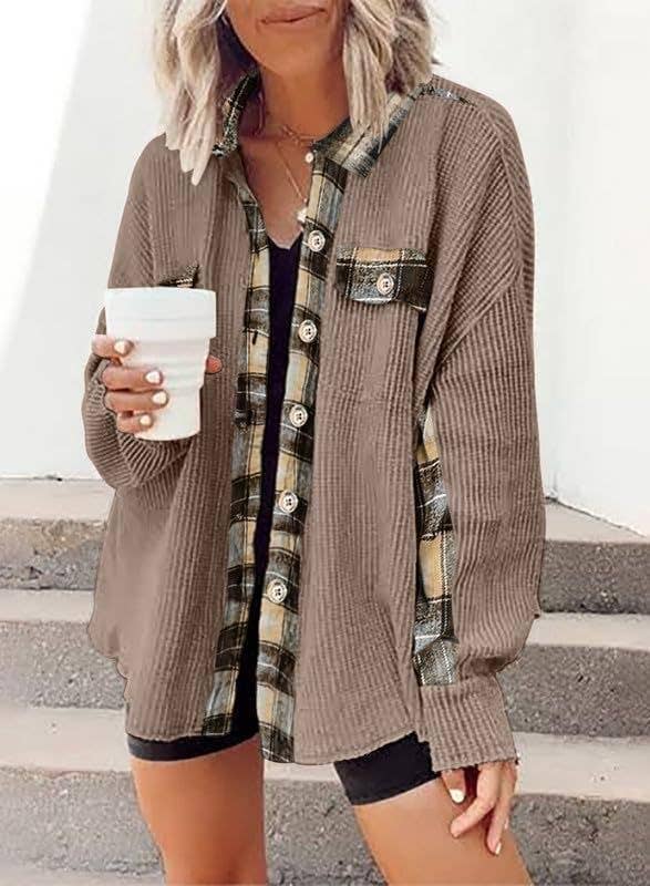Sweet Kama Women's Plaid Waffle Button-Down Shirt – Apricot