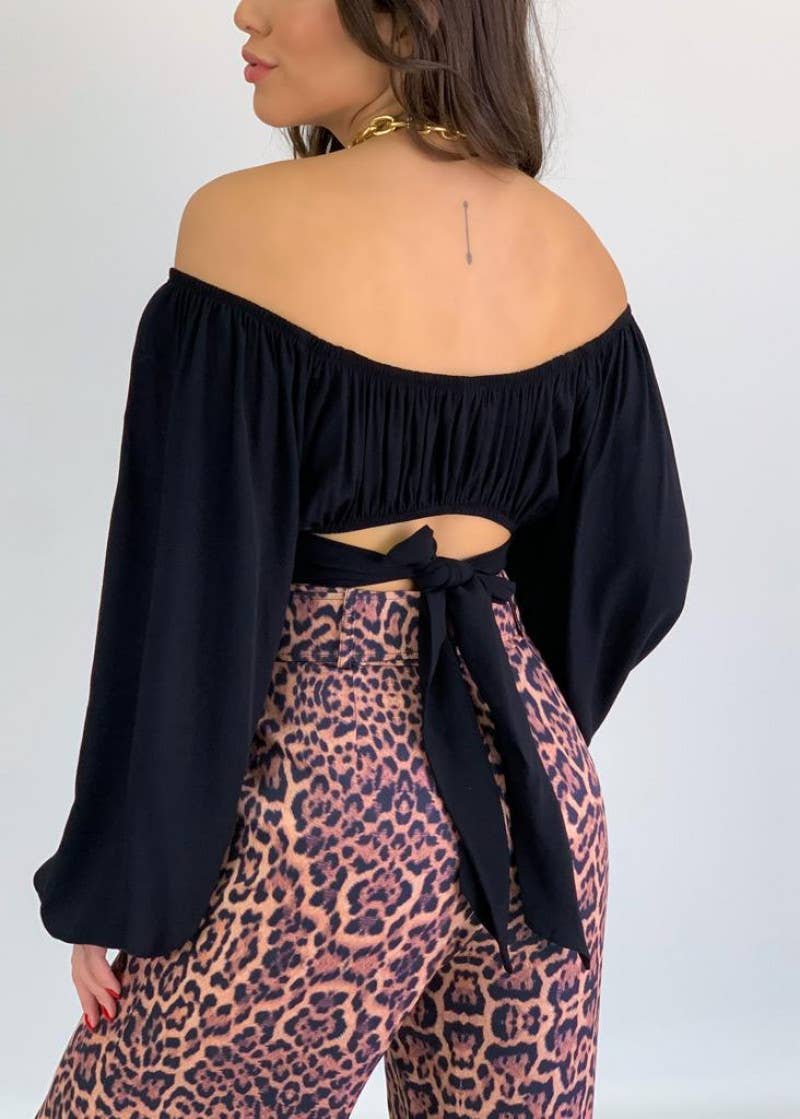 Crop Top Balloon Sleeve Straight-Neck Shirt – White