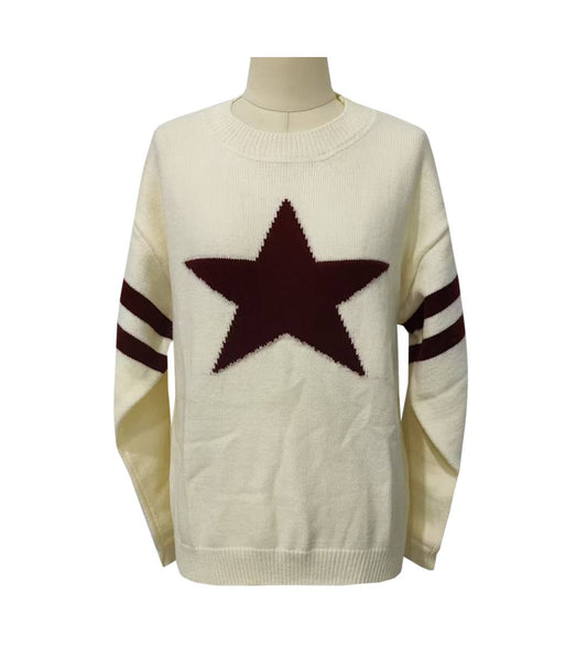Vintage Pentagram Jacquard Stripe Sleeve Knit Sweater – Beige