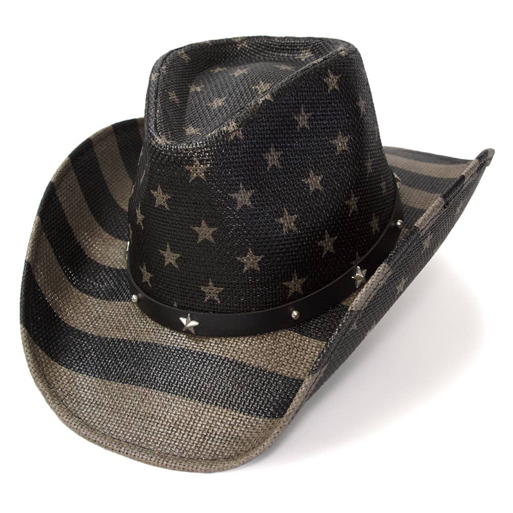 Black & Gray Americana Straw Western Hat: L/XL