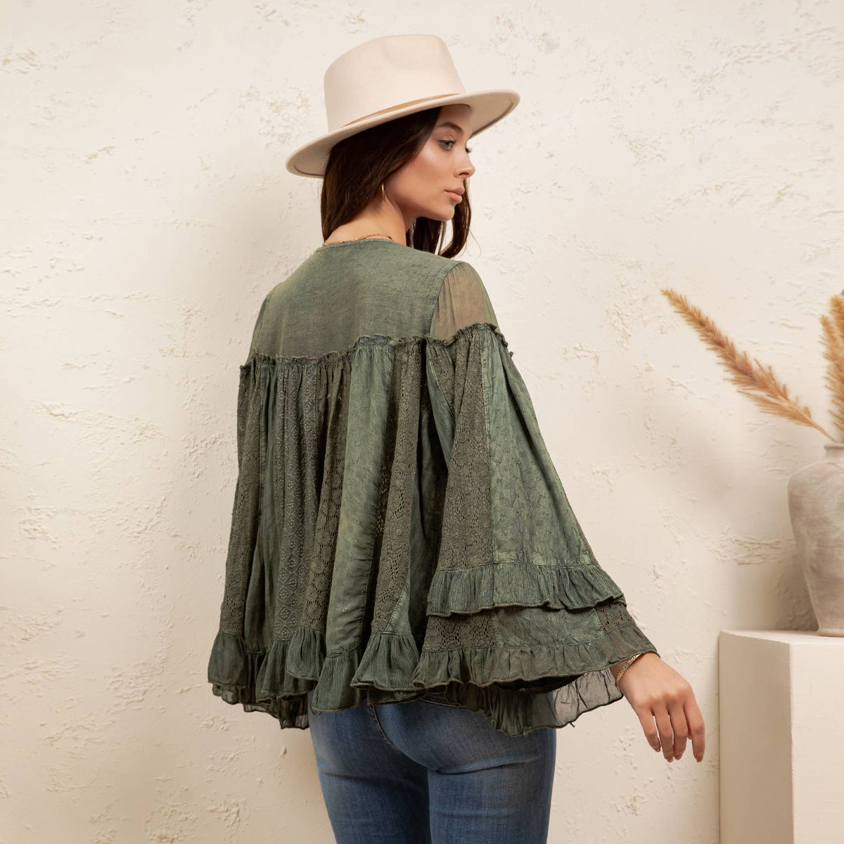 Young Threads Dreamy Sheer V-Neck Ruffled Button-Front Top – Gravel