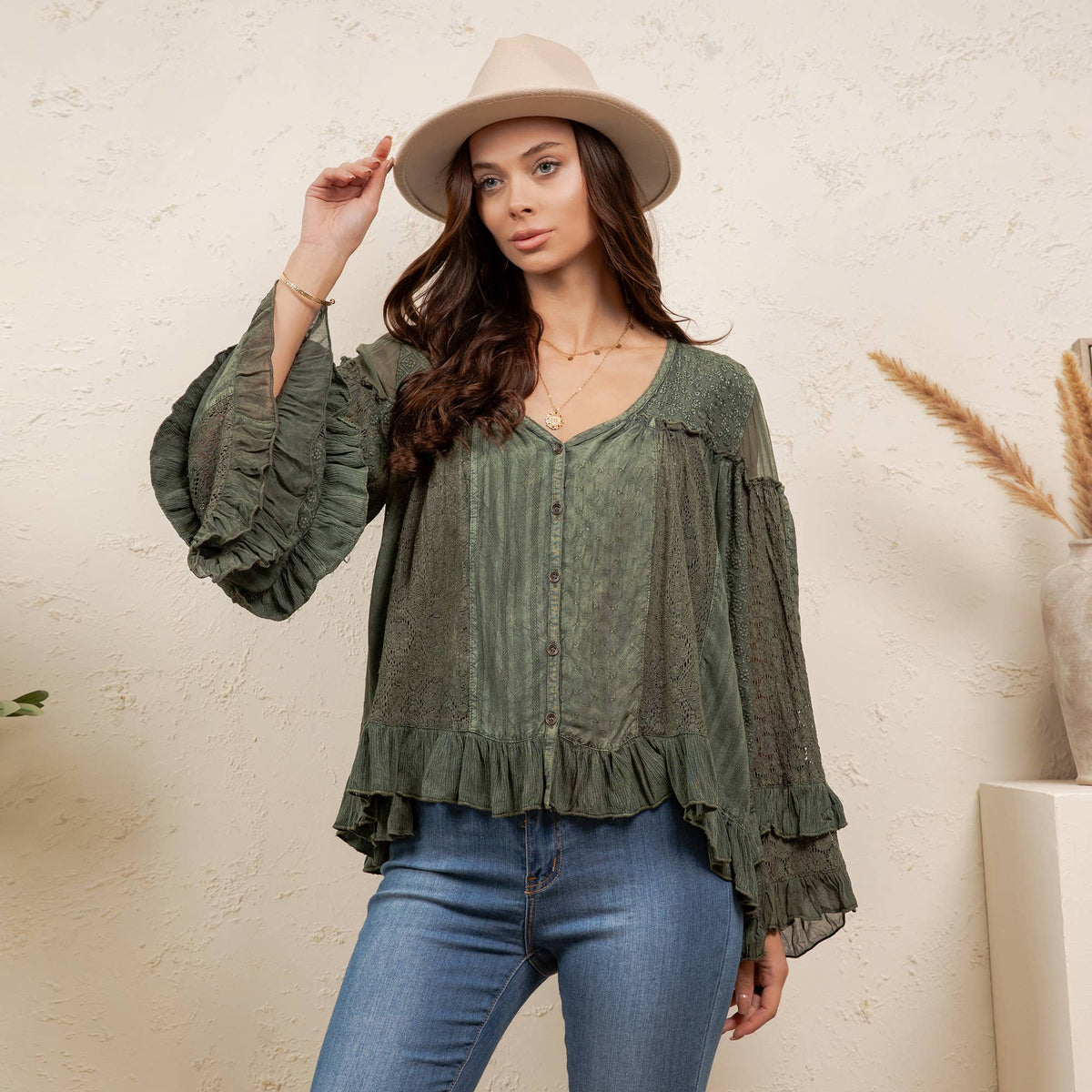 Young Threads Dreamy Sheer V-Neck Ruffled Button-Front Top – Gravel