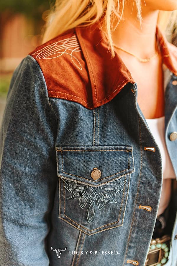 LUCKY & BLESSED Denim Boot Stitch Brown Leather Yoke Jacket