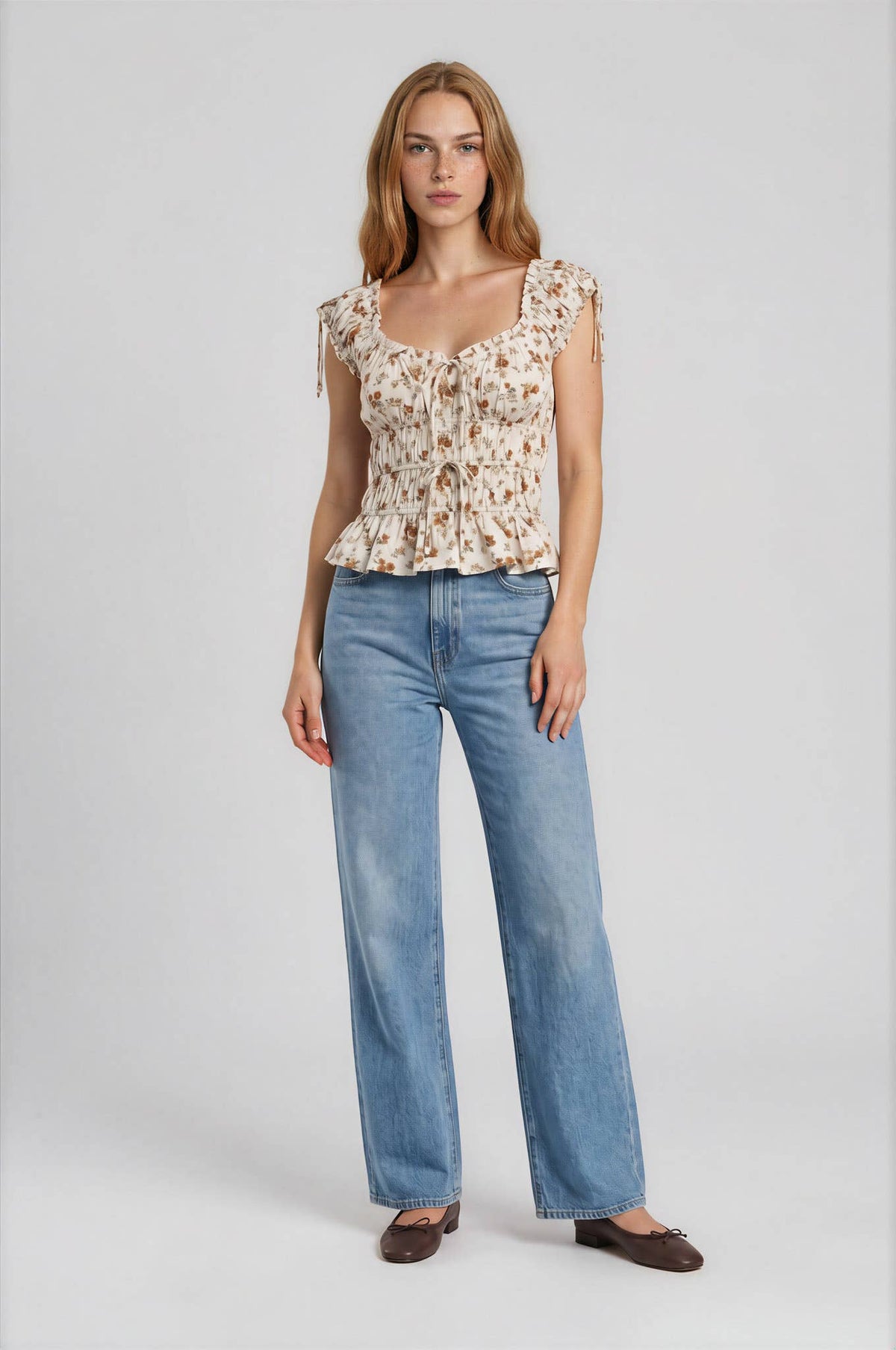 Blu Pepper Floral Front Tie Shirred Waist Ruffled Top