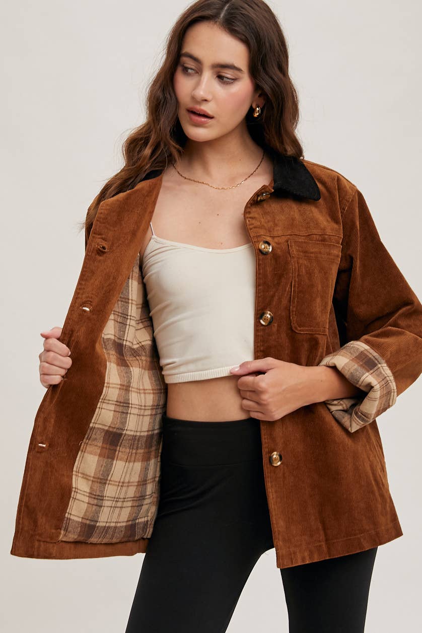 Peace Love Line Women's Corduroy Barn Coat with Plaid Lining (PL4686) – Black