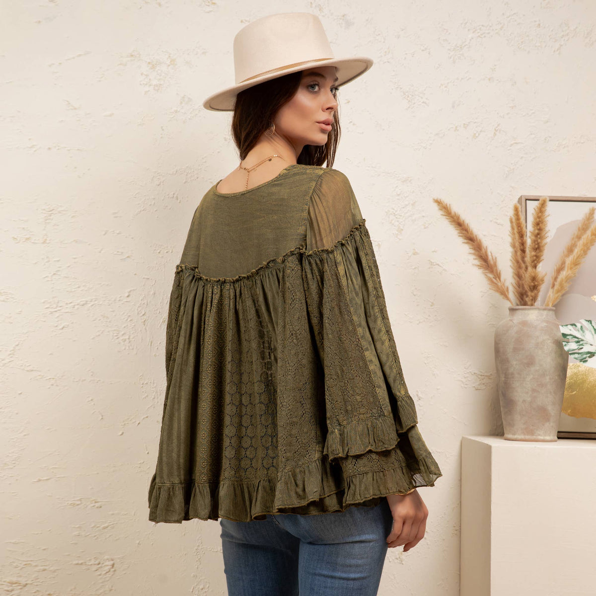 Young Threads Dreamy Sheer V-Neck Ruffled Button-Front Top – Gravel