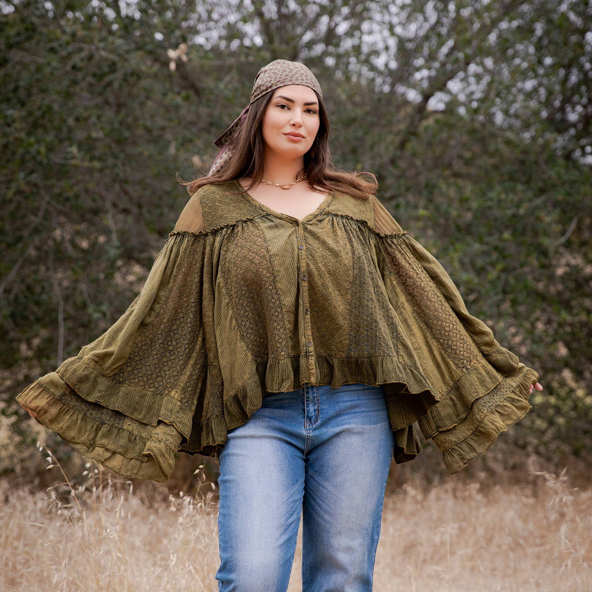 Young Threads Dreamy Sheer V-Neck Ruffled Button-Front Top – Gravel