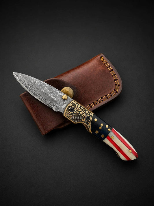 Titan International Premium Damascus Steel Folding Pocket Knife – Patriotic Edition with Leather Sheath TF-102