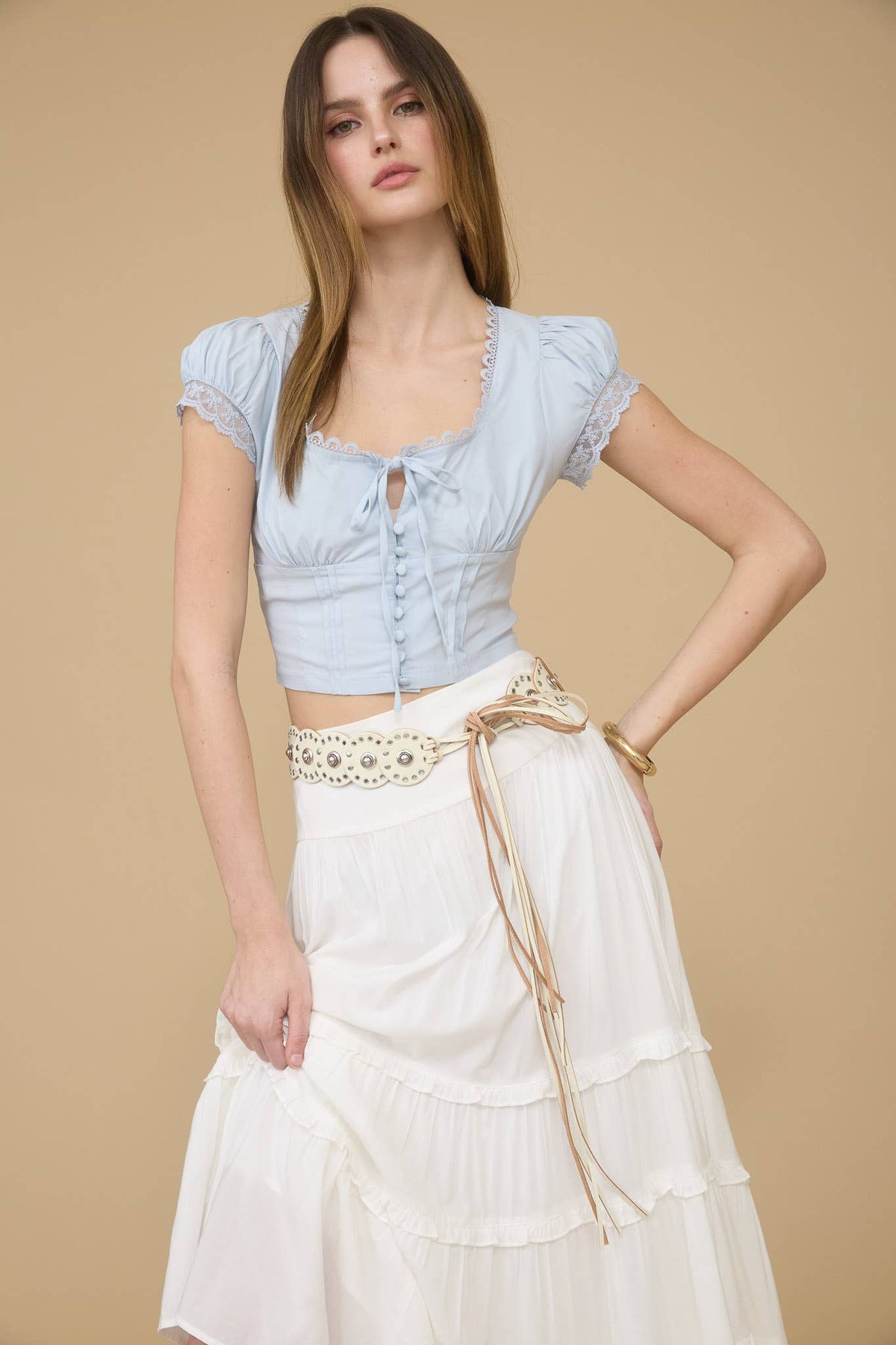 Blu Pepper Lace Trim Button Down Front Tie Crop Top – White