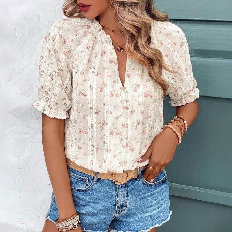 Boho short-sleeves ruffle floral blouse – Begie