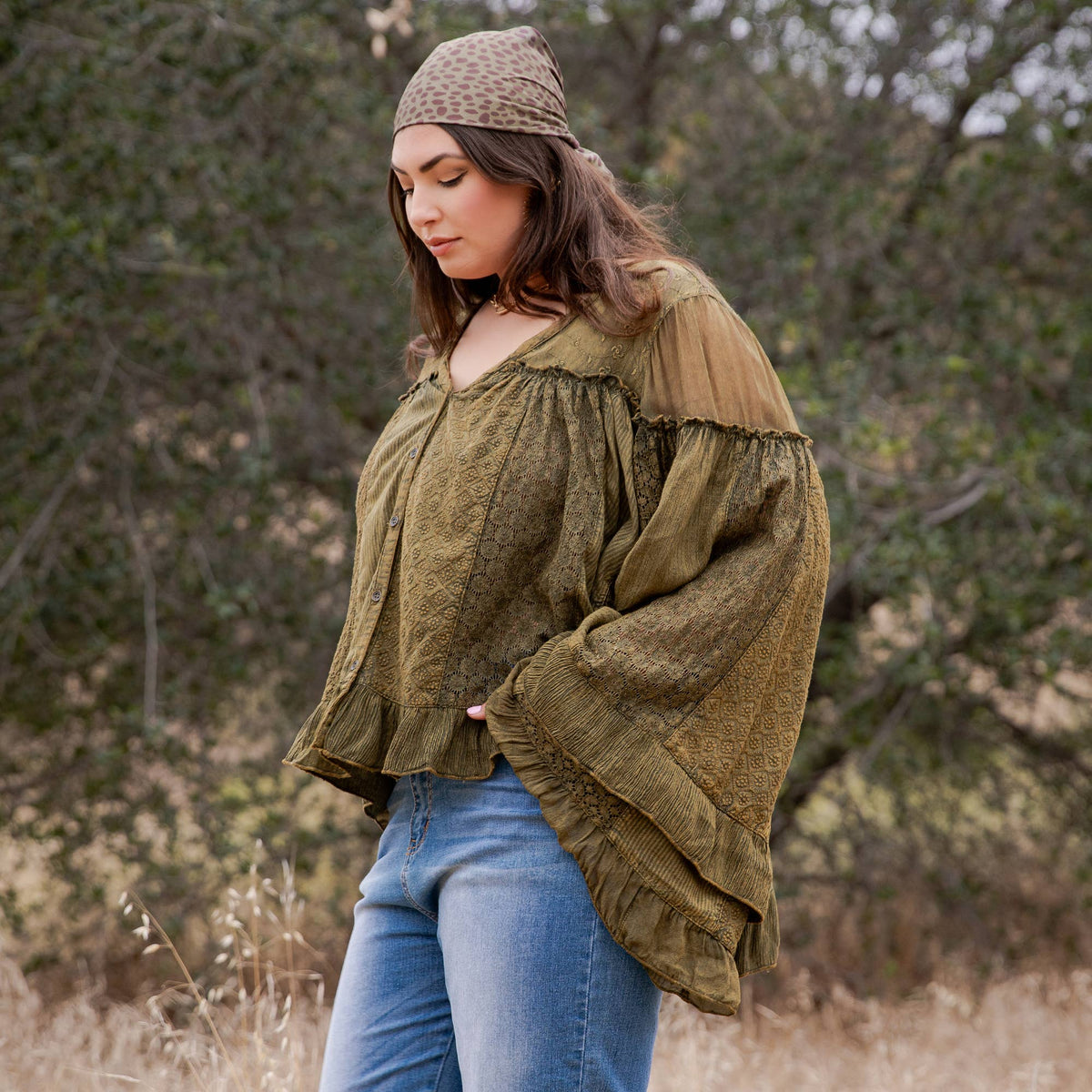 Young Threads Dreamy Sheer V-Neck Ruffled Button-Front Top – Gravel