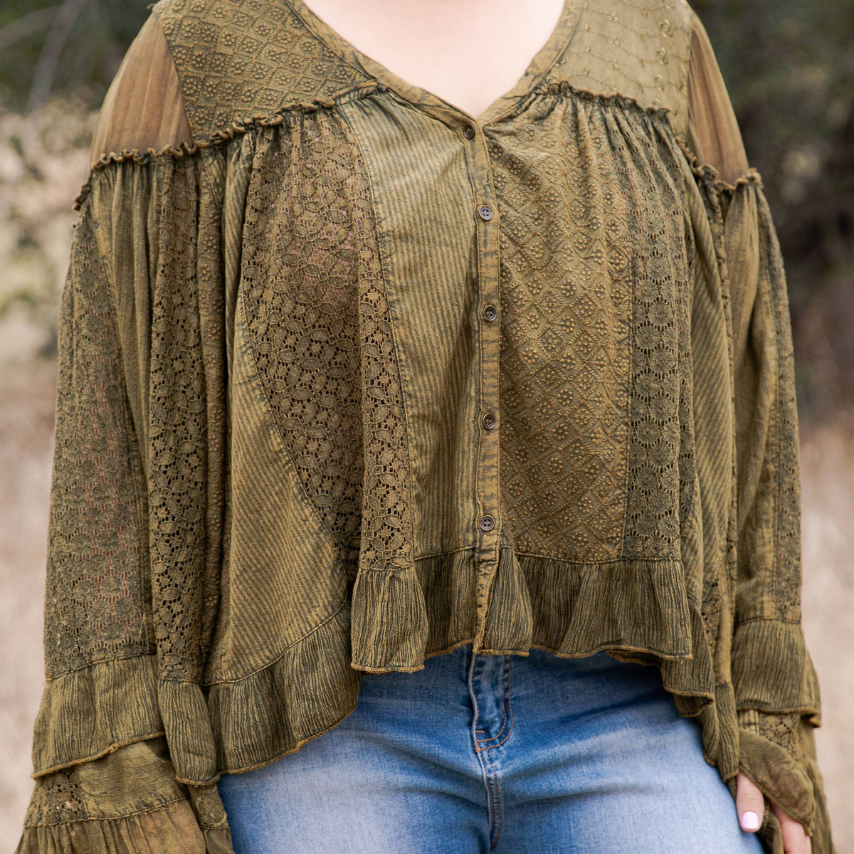 Young Threads Dreamy Sheer V-Neck Ruffled Button-Front Top – Gravel