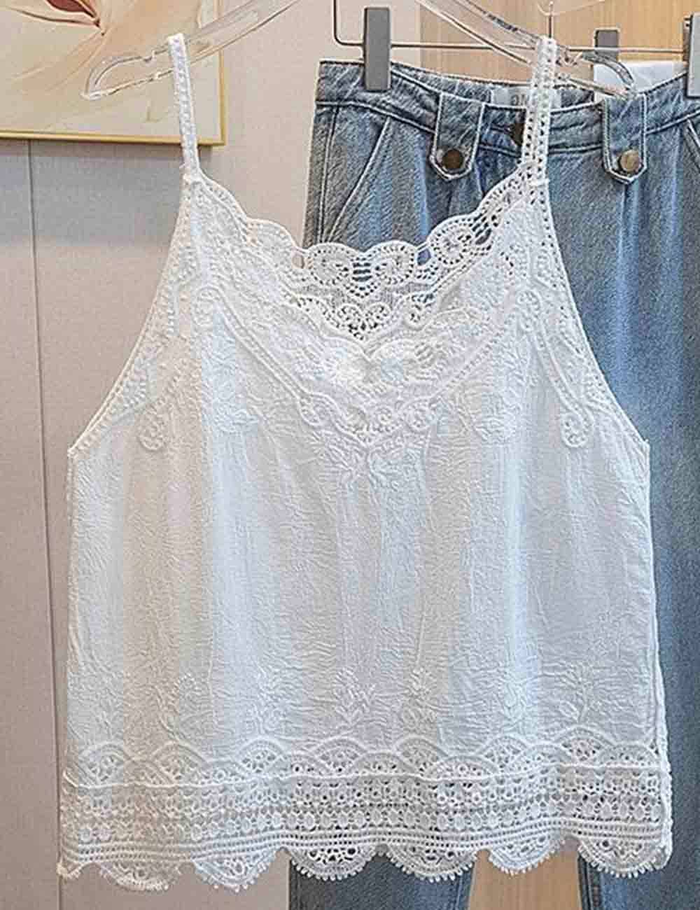 Sweet Kama Ladies White V-Neck Lace Embroidery String Shoulder Cami Top