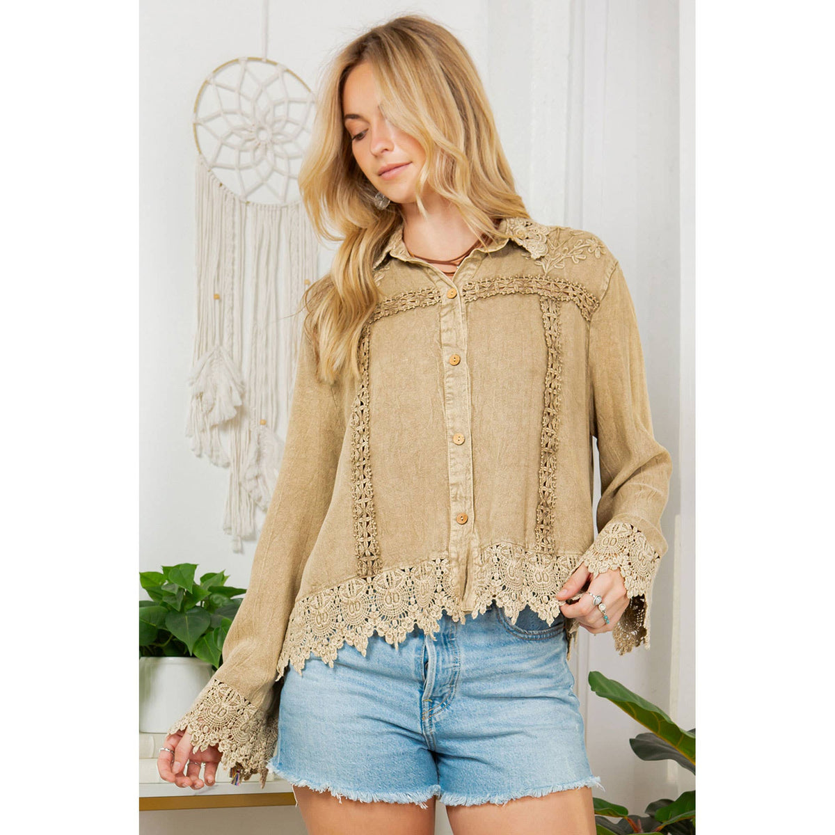 Young Threads Artisan Boho Lace Trim Button-Front Blouse Top – Khaki Green