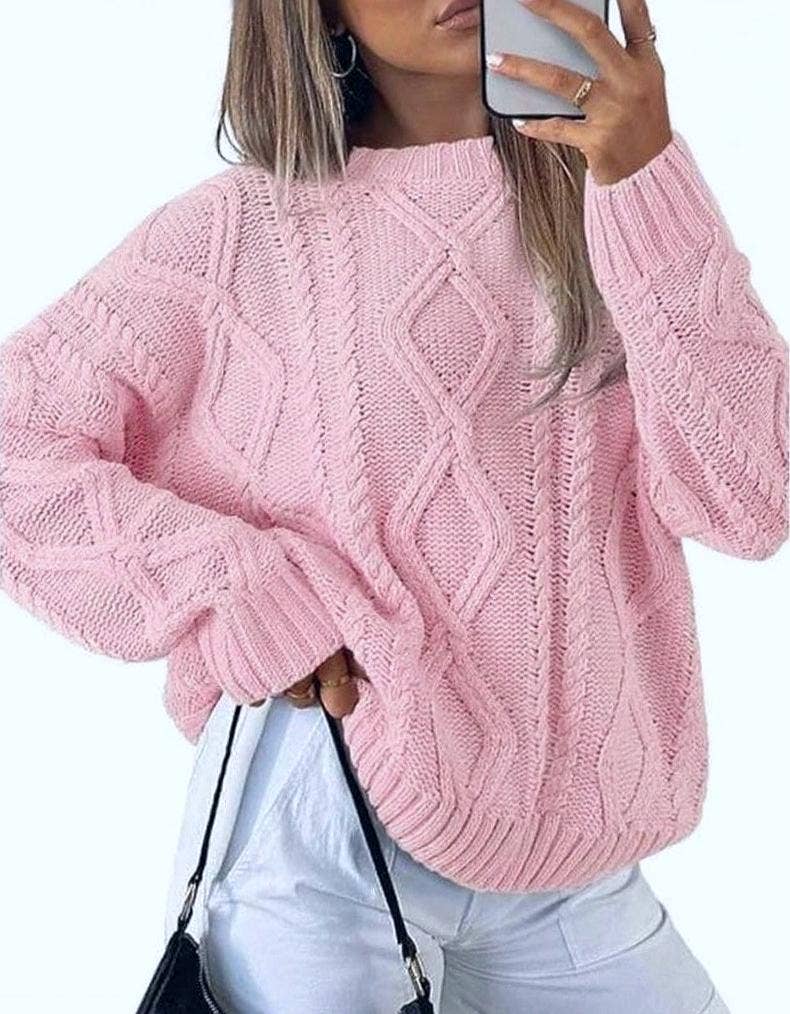 Round-neck crochet cable knit sweater – Pink