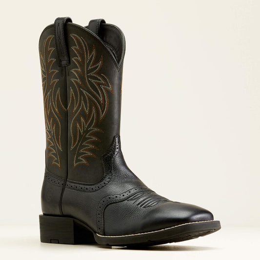 Black cowboy boot with detailed stitching on a white background